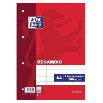 RECAMBIO A4 100 HOJAS 4 TALADROS 1 LINEA MARGEN IZQUIERDO OXFORD 400173743 (Espera 4 dias)