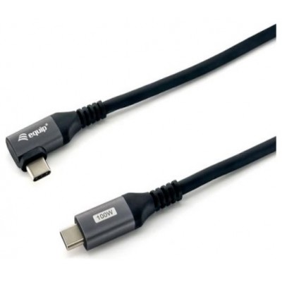 Equip Cable USB-C 2.0 Macho Macho Acodado 90° 100W Con Chip E-Mark Color Negro 3.0m Malla algodon trenzado Carcasa Conector Aluminio