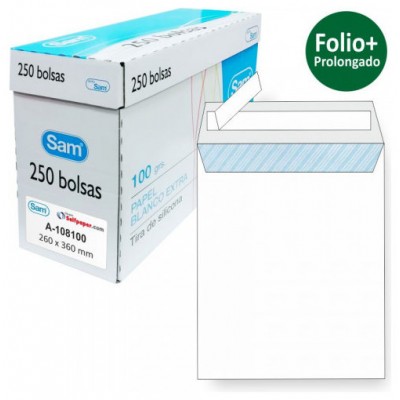 CAJA 250 BOLSAS FOLIO PROLONGADO (260X360) OFFSET BLANCO 100 GRS. OPENSAM AUTOADHESIVO CON TIRA DE SILICONA SAM 149005 (Espera 4 dias)