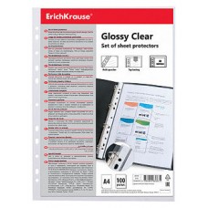 SET DE 100 FUNDAS MULTITALADRAS GLOSSY CLEAR, 60 MCM, A4, TRANSPARENTE ERICH KRAUSE 46703 (Espera 4 dias)