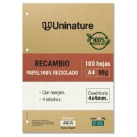 RECAMBIO RECICLADO A4 100 HOJAS 90GR CUADRICULA 4X4 MM CON TALADROS UNINATURE 53392700 (Espera 4 dias)