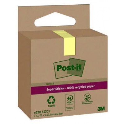 PACK 3 BLOCS 70 HOJAS NOTAS RECICLADAS ADHESIVAS 47,6X47,6MM SUPER STICKY AMARILLO PASTEL CAJA CARTÓN 622 RSS3CY POST-IT 7100284575 (Espera 4 dias)