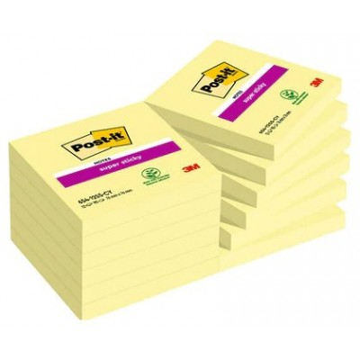 PACK 12 BLOCS 90 HOJAS NOTAS ADHESIVAS 76X76MM SUPER STICKY SIN ENCELOFANADO INDIVIDUAL 654-12SSCY-EU POST-IT 7100290155 (Espera 4 dias)