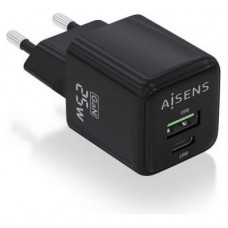 AISENS - CARGADOR GaN 25W, 1xUSB-C PD3.0 QC4.0, 1xUSB-A QC3.0, NEGRO