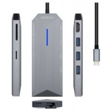 AISENS - USB-C DOCK 8 EN 1, USB-C A 1xHDMI, 1xRJ45, 3xUSB, 1xPD, 1xSD, 1xMICRO SD, GRIS, 15CM