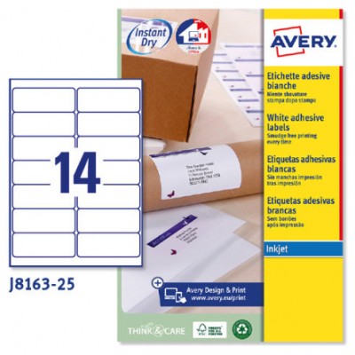 PAQUETE 25 HOJAS ETIQUETAS BLANCAS QUICK DRY-IMPRESORAS DE INYECCIÓN DE TINTA-99,1X38,1 MM AVERY J8163-25 (Espera 4 dias)