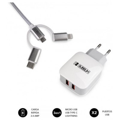 SUBBLIM CARGADOR USB DE VIAJE/PARED 2xUSB (2.4A) + CABLE 3EN1 WHITE Plata, Blanco Interior (Espera 4 dias)