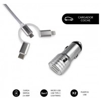 SUBBLIM Cargador Coche 2xUSB Dual Car Charger Alum 2.4A + Cable 3 in 1 Silver (Espera 4 dias)