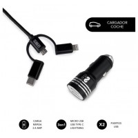 SUBBLIM Cargador Coche 2xUSB Dual Car Charger Alum 2.4A + Cable 3 in 1 Black (Espera 4 dias)