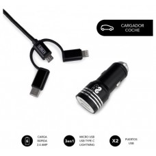 CARGADOR COCHE SUBBLIM ALUM 2.4A + CABLE 3 IN1 BLACK