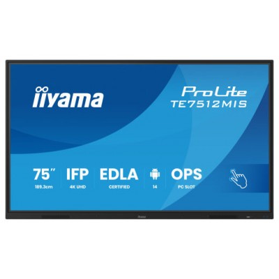 MONITOR INTERACTIVO TACTIL IIYAMA 75" (TE7512MIS-B4AG)3840X2160 / IPS LED 4K UHD / 24/7 / 8/64GB / 400 CD/M / 8MS / 1200:1 / 1 VGA - 3 HDMI / 1 USB-C / 5XUSB / AUDIO OUT / WIFI / MM / 2 RJ45 / OPS SLOT/ ANDROID 11 (Espera 4 dias)