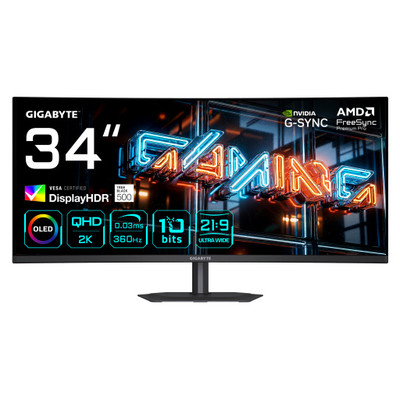 GIGABYTE MO34WQC36 Monitor Gaming Curvo 34&rdquo; WQHD - 3440 x 1440, 360Hz, 0.03ms, KVM, 300 cd/m&sup2;, FreeSync Premium Pro, DisplayHDR True Black 500, HDMI 2.1, DisplayPort 2.1 (Espera 4 dias)