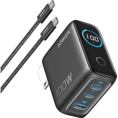 CARGADOR DE PARED ANKER 100W 3 PUERTOS CON PANTALLA INTELIGENTE NEGRO